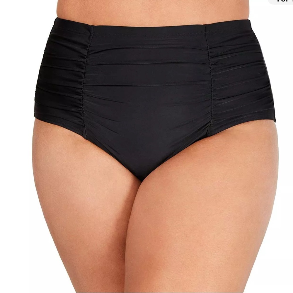 Island Escape Plus Size South Beach Ruched Hipster Swim Bottom Black size 16W
